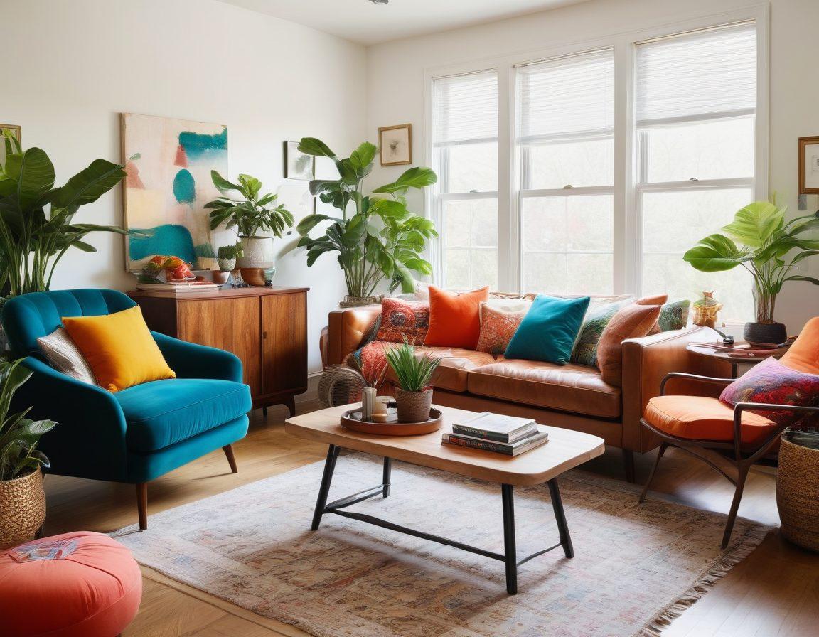 A cozy living room featuring a mix of unique and stylish furniture pieces, including a handcrafted coffee table, eclectic chairs, and vibrant cushions. Incorporate warm lighting, houseplants, and modern decor accents to create an inviting atmosphere. Show a diverse group of people brainstorming and sharing ideas about furniture arrangement and styles. super-realistic. vibrant colors. soft focus.