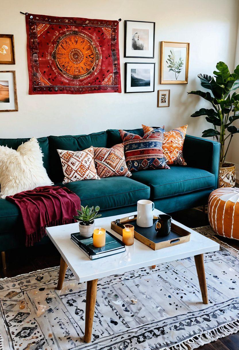 A vibrant, modern living room showcasing a variety of home decor styles, including bohemian, minimalist, and industrial elements. Incorporate a computer or tablet on a stylish coffee table, symbolizing online inspiration, surrounded by swatches of fabric, paint samples, and curated decor items. Warm, inviting lighting enhances the space, inviting creativity. super-realistic. vibrant colors. soft focus.