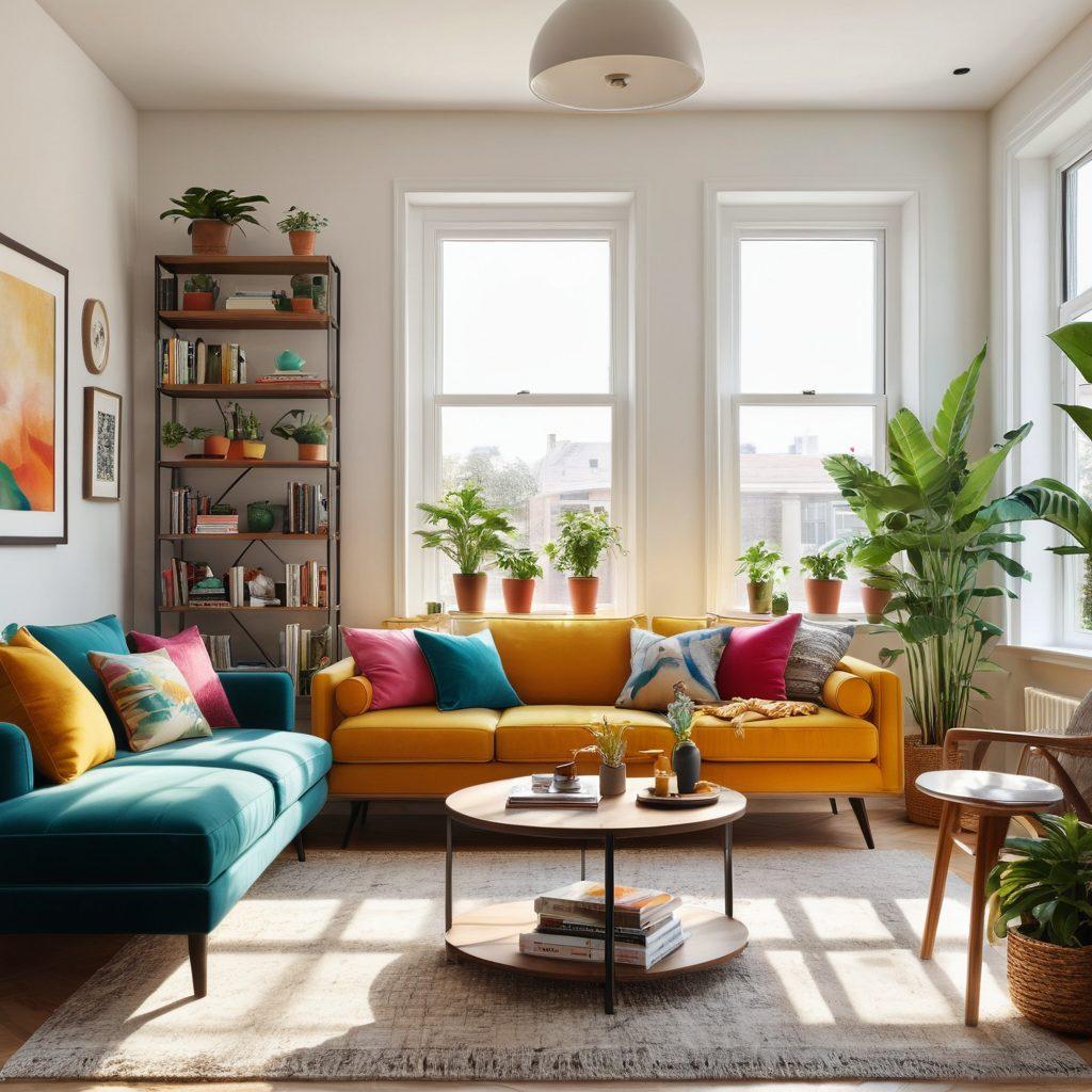 A cozy, stylish home interior featuring a warm living room with a beautifully arranged bookshelf, a plush sofa adorned with colorful cushions, and a stylish coffee table displaying decor elements. Sunlight beams through a window, illuminating various houseplants and artwork on the walls, creating an inviting atmosphere. The scene conveys a blend of creativity and comfort, inviting viewers to explore personal touches in home design. super-realistic. vibrant colors.